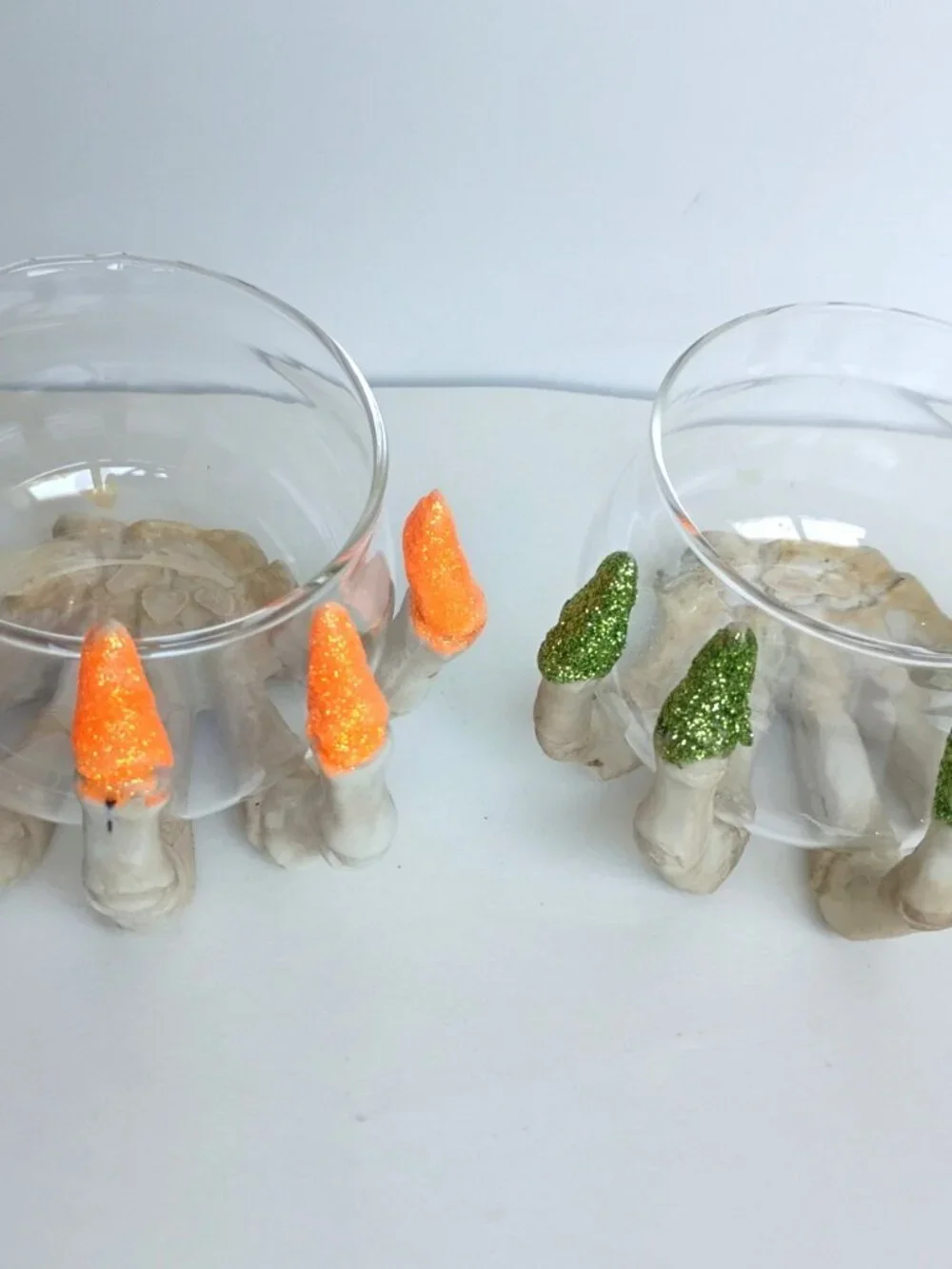 Set of 2 Halloween Ghoul Skelton Hand Glitter Nails Orange Green Candle Holders
